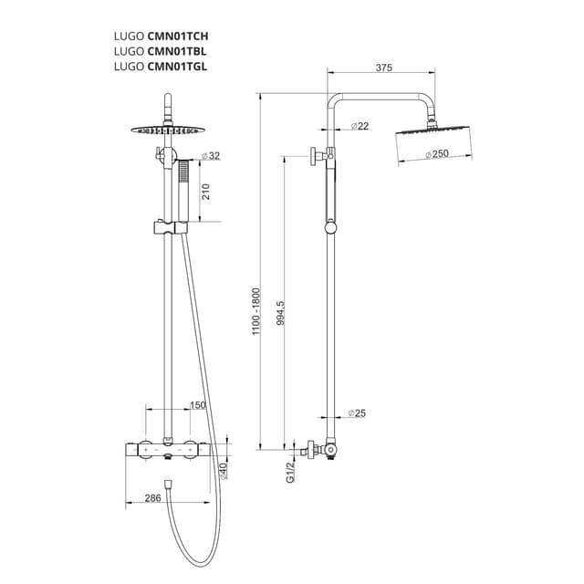 Kolumna prysznicowa LUGO CMN01TCH Deszczownica 25cm Termostat Chrom