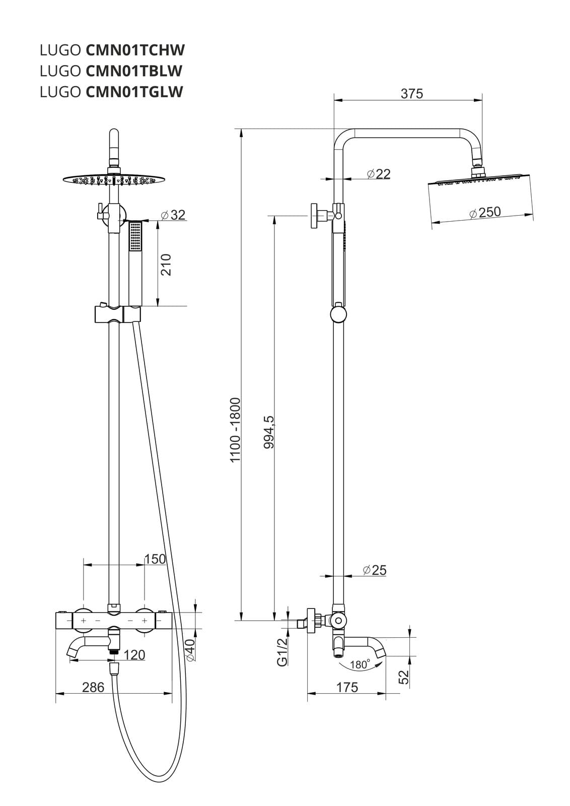 Kolumna prysznicowa LUGO CMN01TGLW Deszczownica 25cm Termostat Wylewka obrotowa Złota