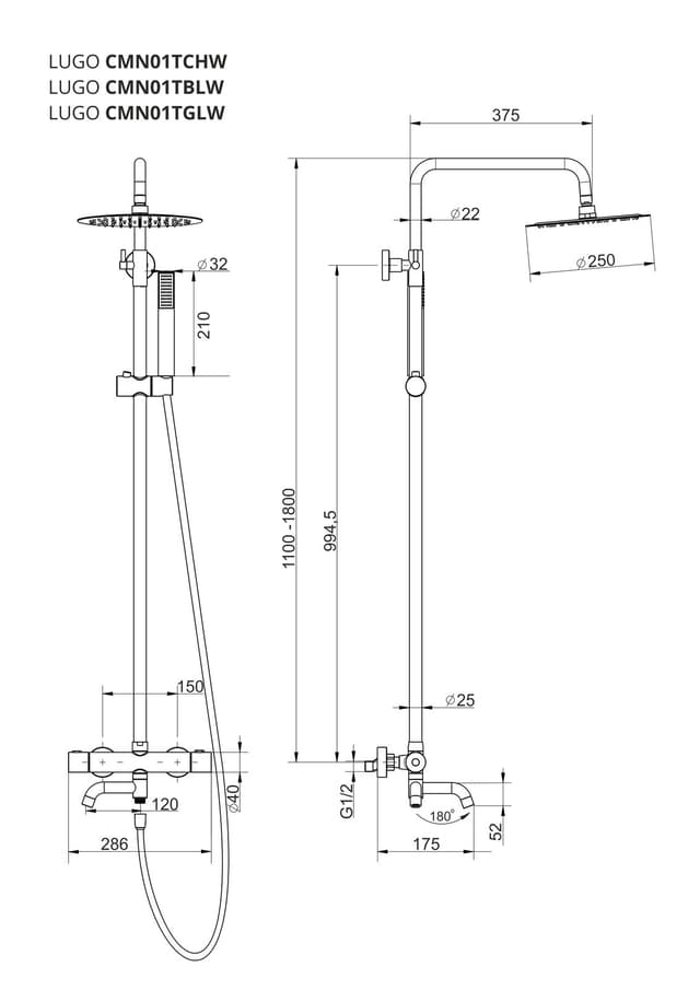 Kolumna prysznicowa LUGO CMN01TGLW Deszczownica 25cm Termostat Wylewka obrotowa Złota