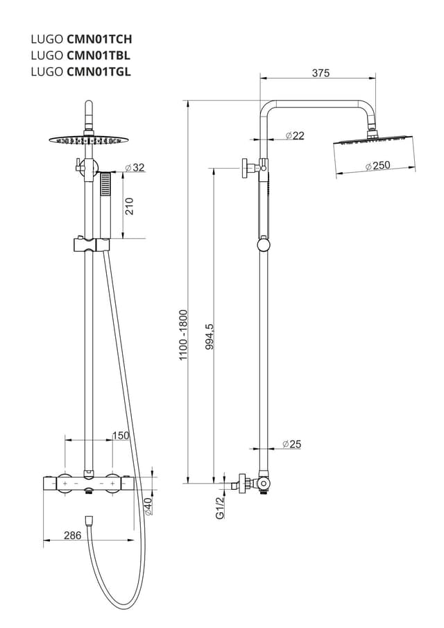Kolumna prysznicowa LUGO CMN01TBL Deszczownica 25cm Termostat Czarna