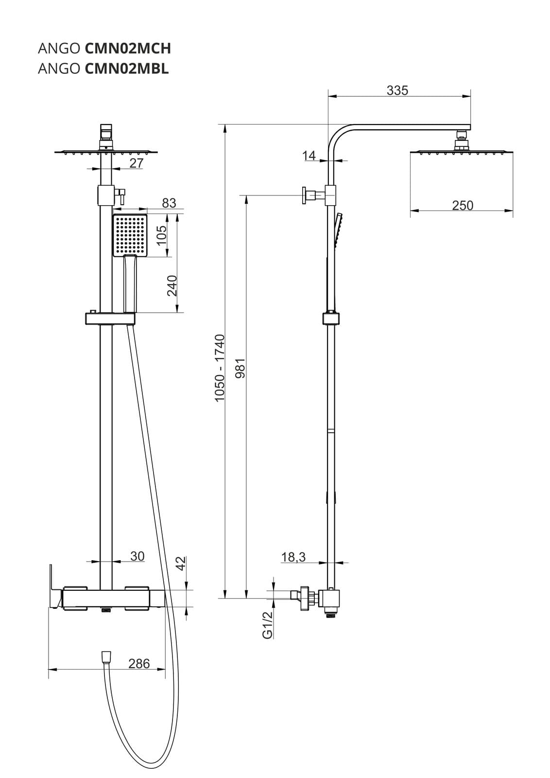 Kolumna prysznicowa ANGO CMN02MBL Deszczownica 25cm Czarna