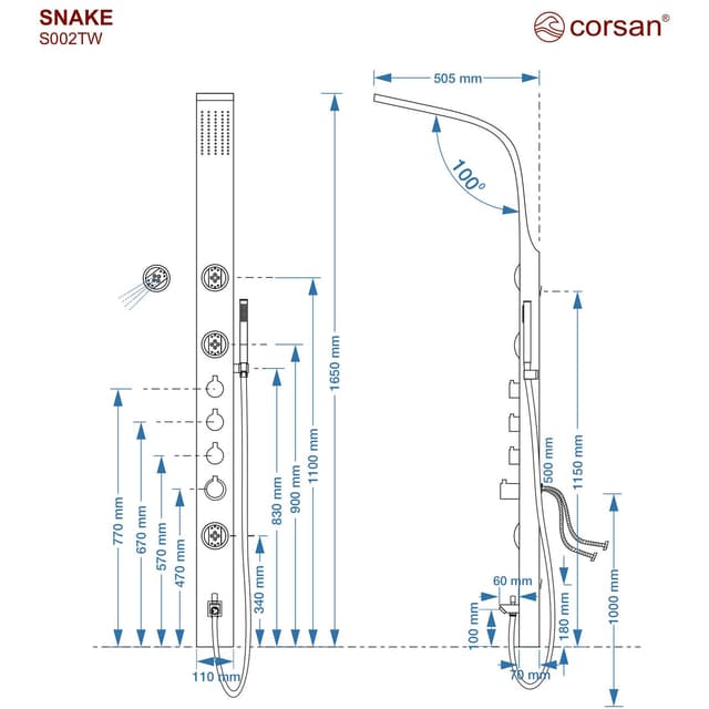 Panel prysznicowy Corsan SNAKE Termostat Czarna stal Wylewka