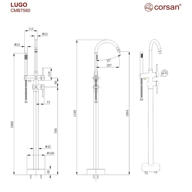 Bateria wannowa wolnostojąca Corsan Lugo CMB7560GL złota