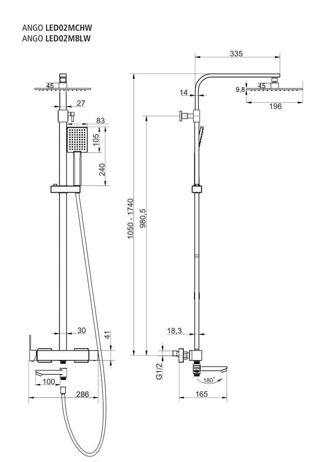 Kolumna prysznicowa ANGO LED02MBLW Deszczownica LED Wylewka obrotowa Czarna