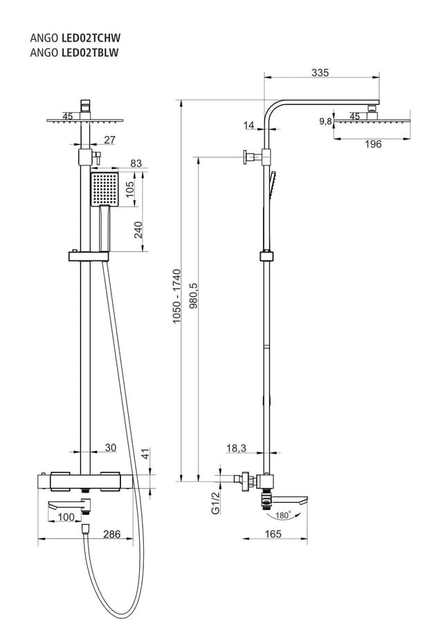 Kolumna prysznicowa ANGO LED02TCHW Deszczownica LED Termostat Wylewka obrotowa Chrom