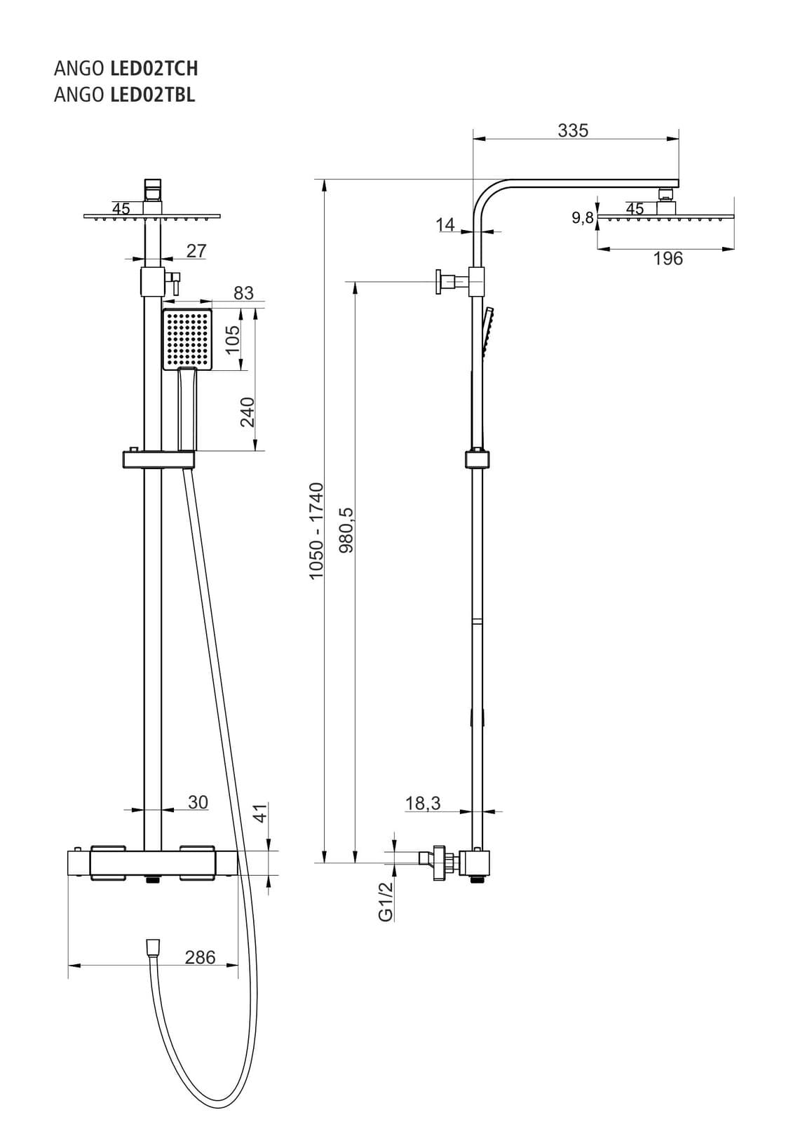 Kolumna prysznicowa ANGO LED02TCH Deszczownica LED Termostat Chrom