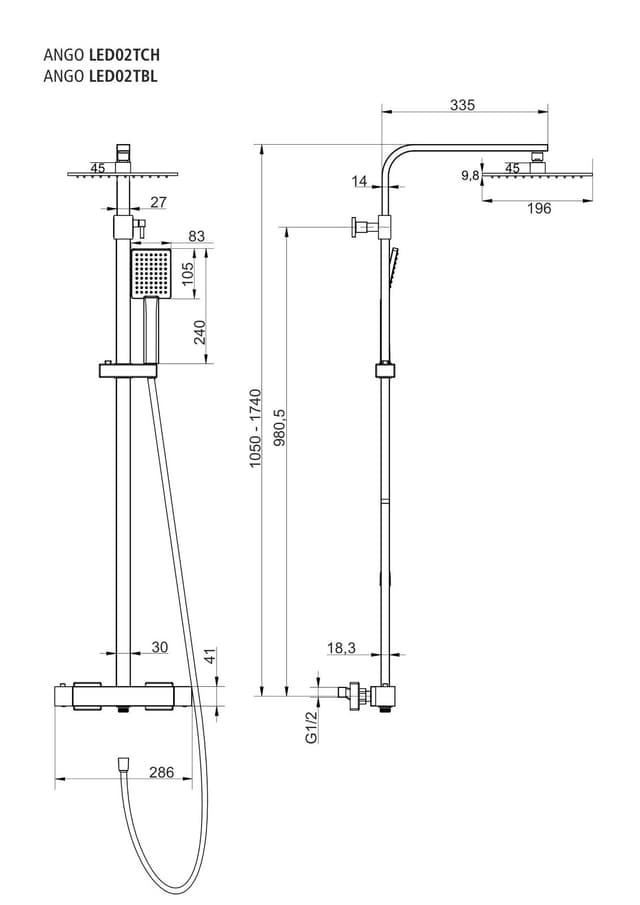 Kolumna prysznicowa ANGO LED02TCH Deszczownica LED Termostat Chrom