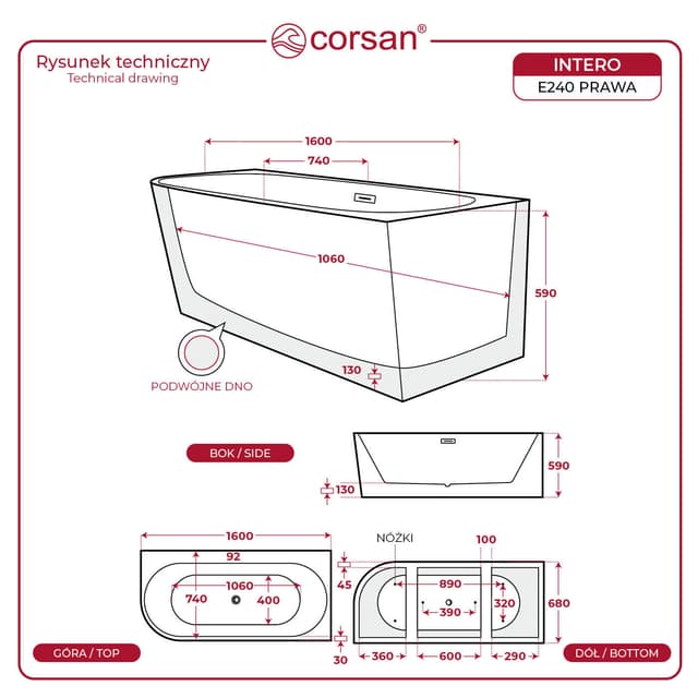 Wanna wolnostojąca narożna Corsan INTERO 160 x 74 z szeroką krawędzią Montaż prawostronny Korek klik-klak Grafit / Gun Metal