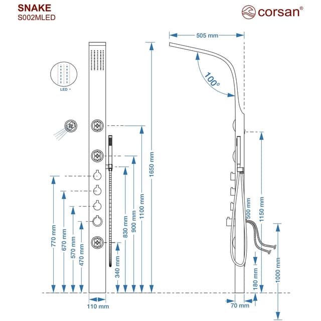 Panel prysznicowy Corsan SNAKE Mieszacz Stal GunMetal Deszczownica LED