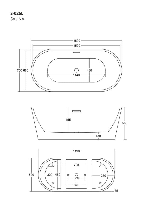 Wanna wolnostojąca Corsan SALINA 160 x 75 cm Korek klik-klak Chrom