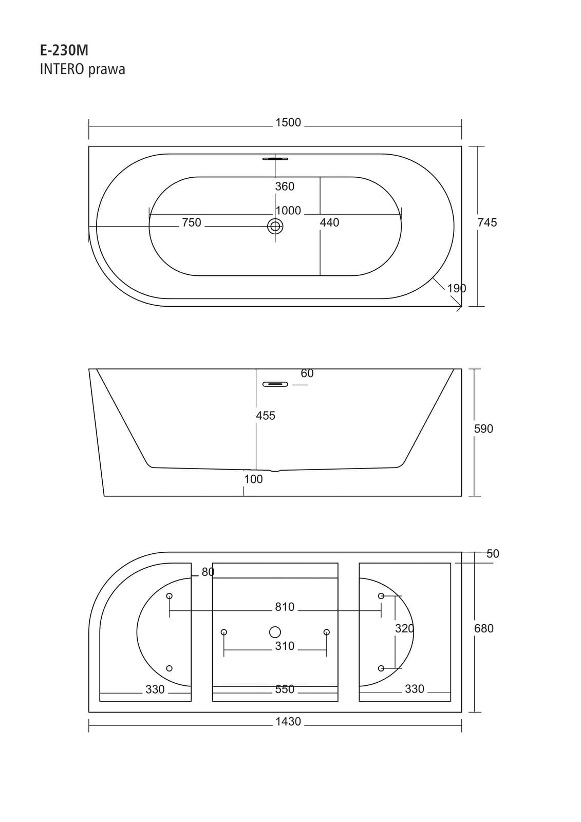 Wanna wolnostojąca narożna Corsan INTERO 150 x 74,5 Montaż prawostronny Korek klik-klak Chrom