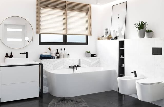 Wanna wolnostojąca narożna Corsan INTERO 150 x 74,5 Montaż prawostronny Korek klik-klak Chrom