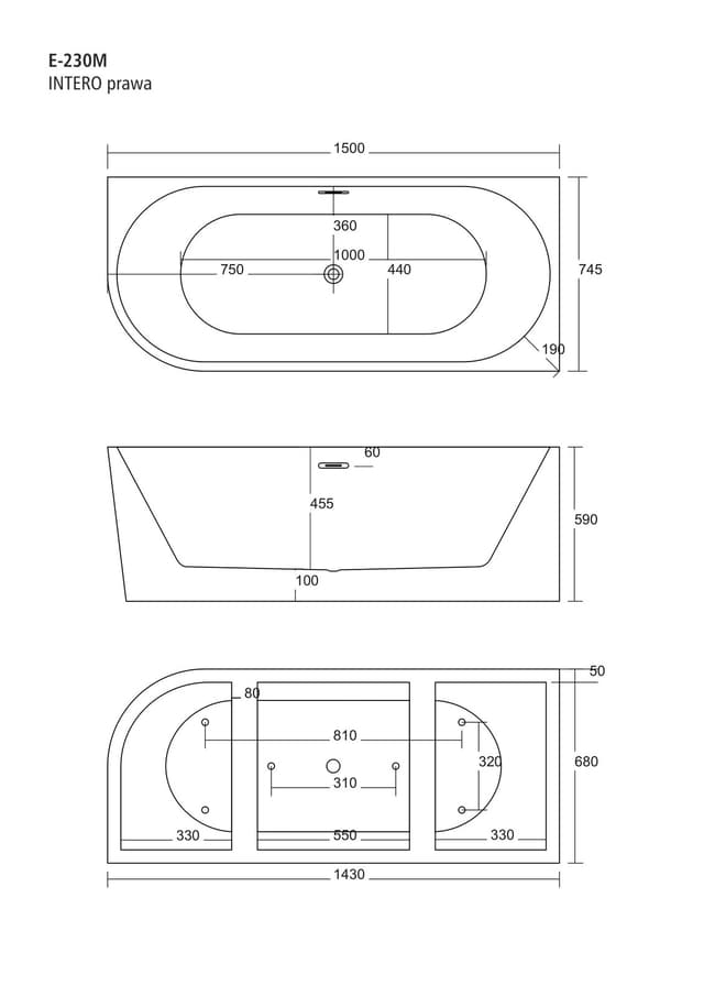 Wanna wolnostojąca narożna Corsan INTERO 150 x 74,5 Montaż prawostronny Korek klik-klak Grafit / GunMetal