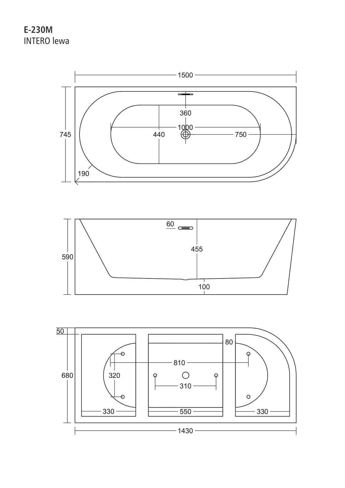 Wanna wolnostojąca narożna Corsan INTERO 150 x 74,5 Montaż lewostronny Korek klik-klak Chrom