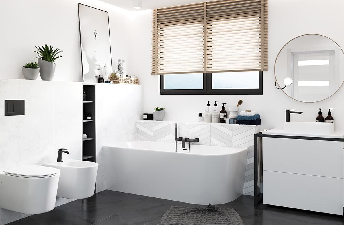 Wanna wolnostojąca narożna Corsan INTERO 150 x 74,5 Montaż lewostronny Korek klik-klak Chrom