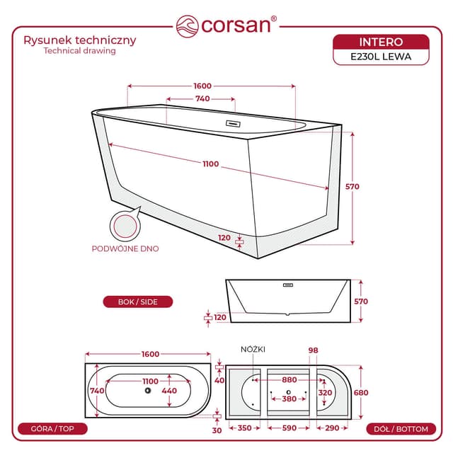 Wanna wolnostojąca narożna Corsan INTERO 150 cm Montaż lewostronny Korek klik-klak Szczotkowane Złoto