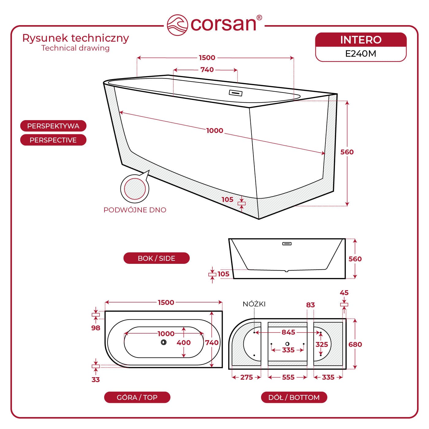 Wanna wolnostojąca narożna Corsan INTERO 150 cm Montaż prawostronny Korek klik-klak Szczotkowane Złoto