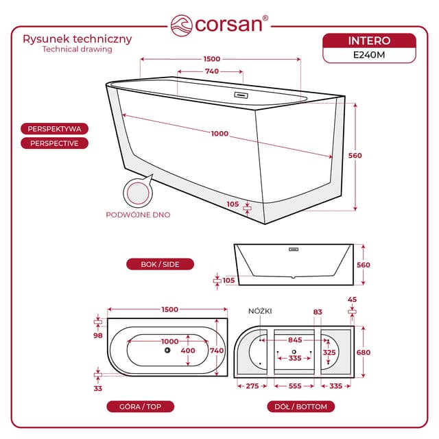 Wanna wolnostojąca narożna Corsan INTERO 150 cm Montaż prawostronny Korek klik-klak Szczotkowane Złoto