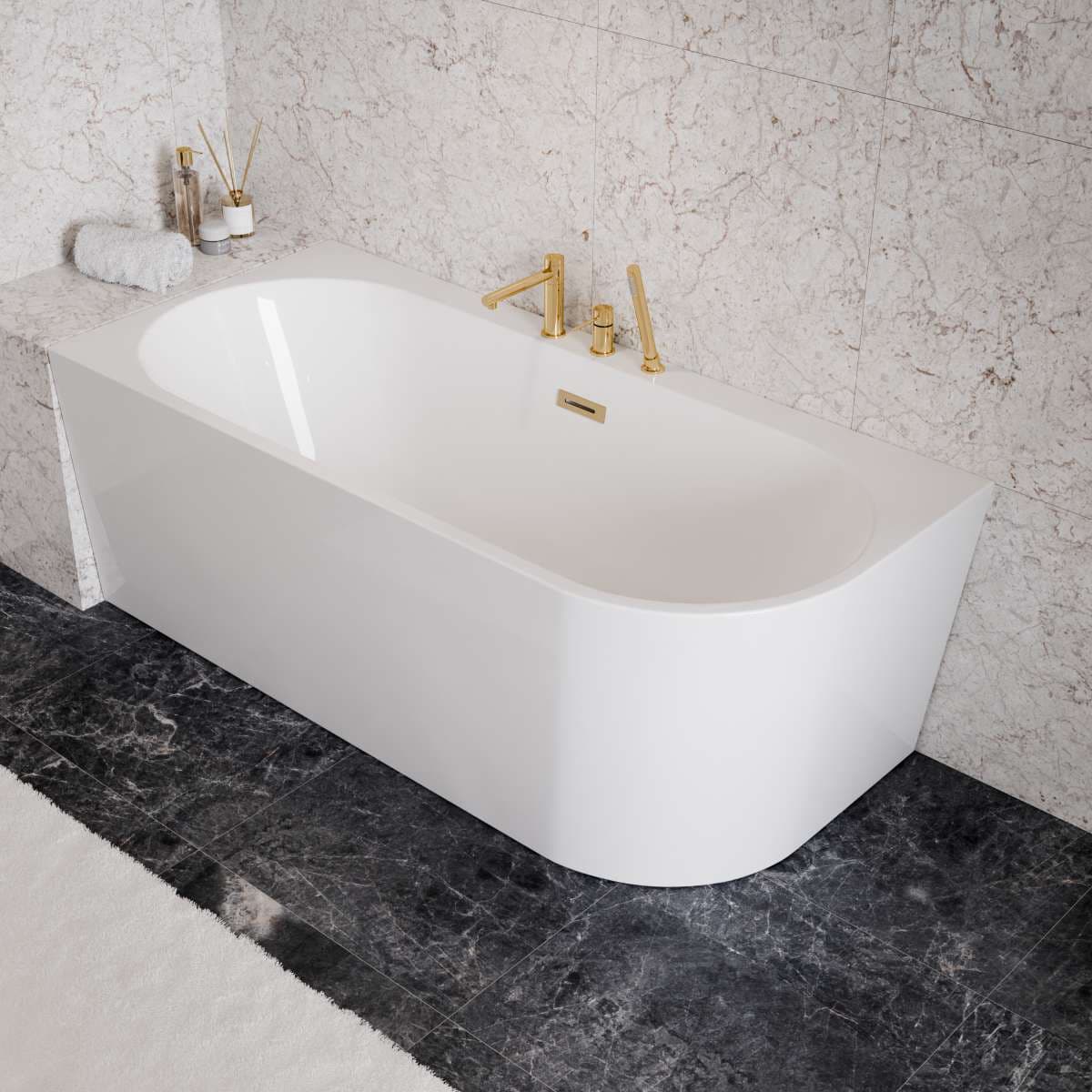 Wanna wolnostojąca narożna Corsan INTERO 170 x 80 z szeroką krawędzią Montaż lewostronny Korek klik-klak Szczotkowane Złoto