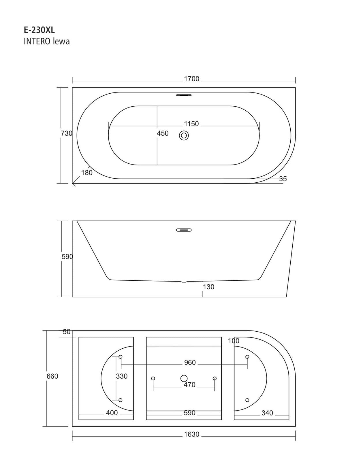 Wanna wolnostojąca narożna Corsan INTERO 170 x 73 Montaż lewostronny Korek klik-klak Szczotkowane Złoto