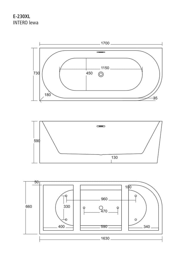 Wanna wolnostojąca narożna Corsan INTERO 170 x 73 Montaż lewostronny Korek klik-klak Szczotkowane Złoto