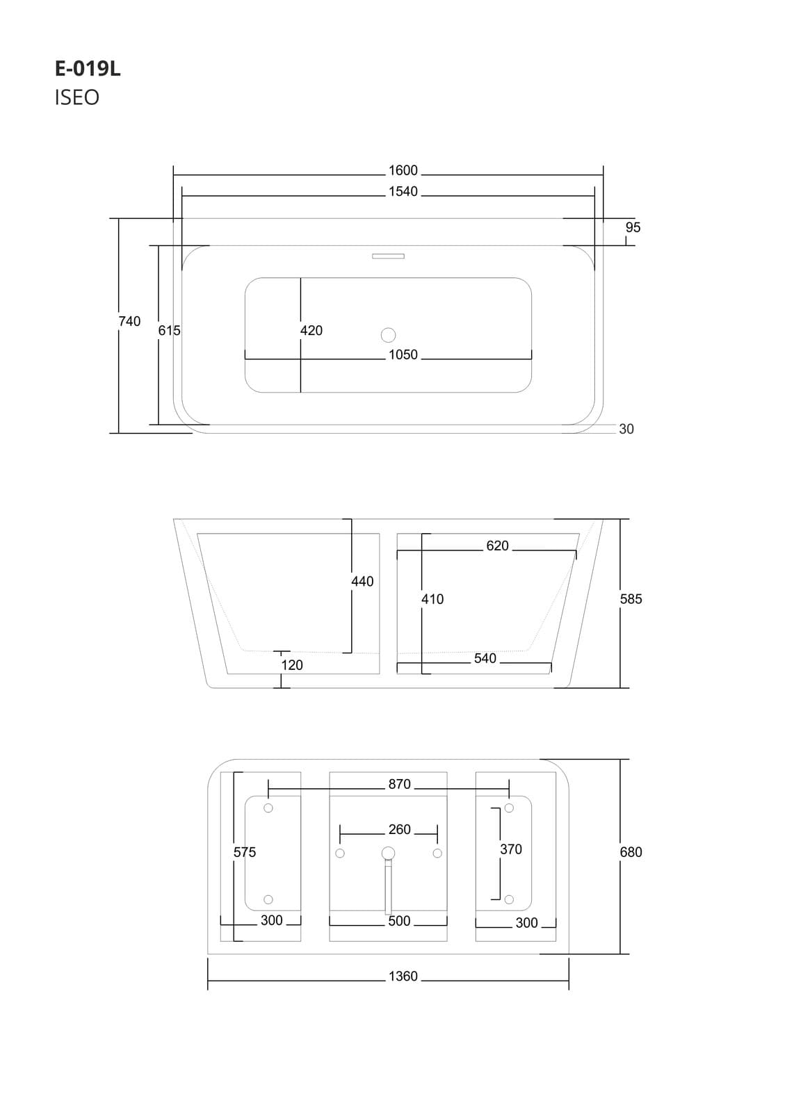 Wanna przyścienna wolnostojąca Corsan ISEO 160 x 74 cm z szeroką krawędzią Korek klik-klak Szczotkowane Złoto