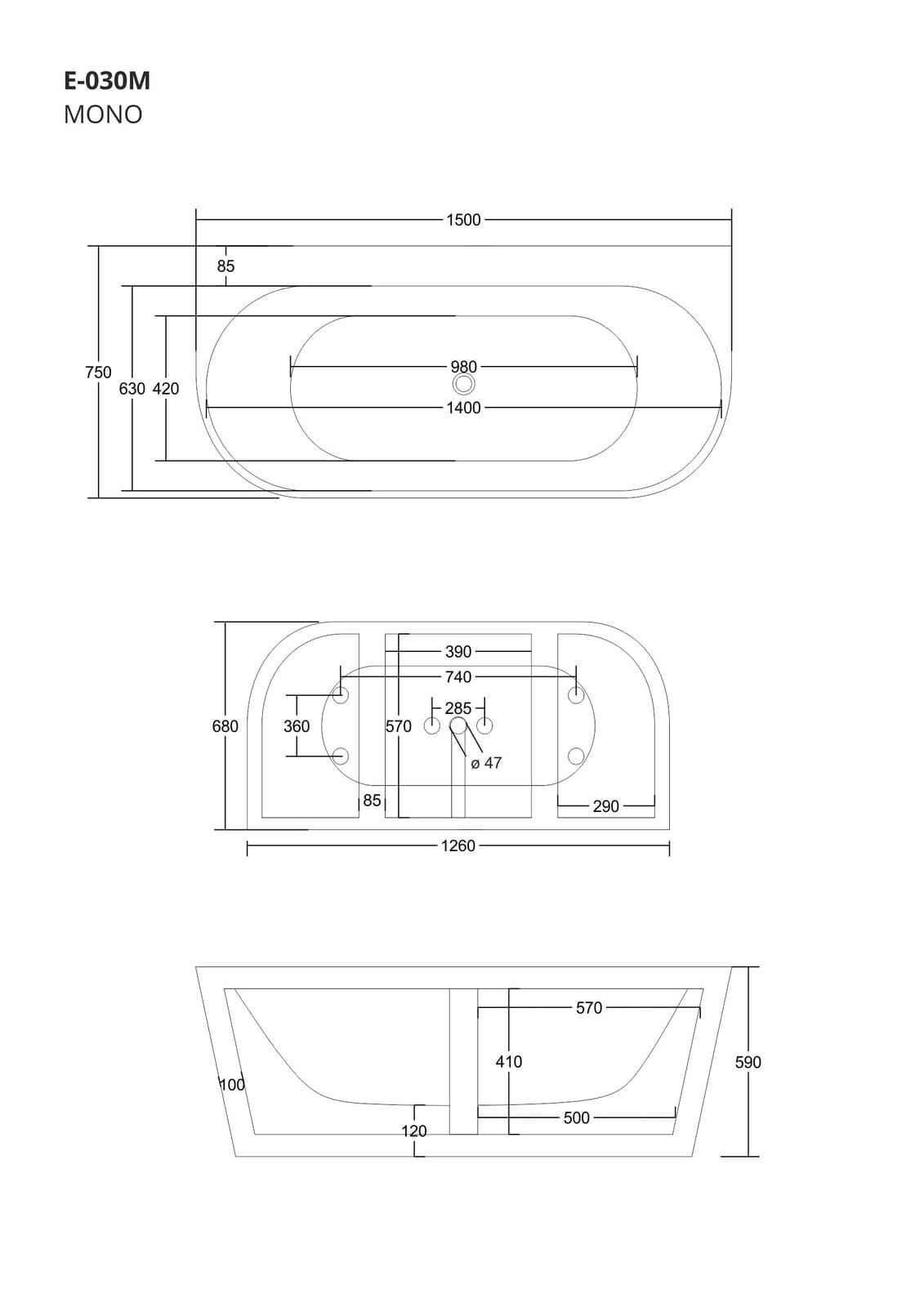 Wanna przyścienna wolnostojąca Corsan MONO 150 x 75 cm z szeroką krawędzią Korek Klik-Klak Szczotkowane Złoto