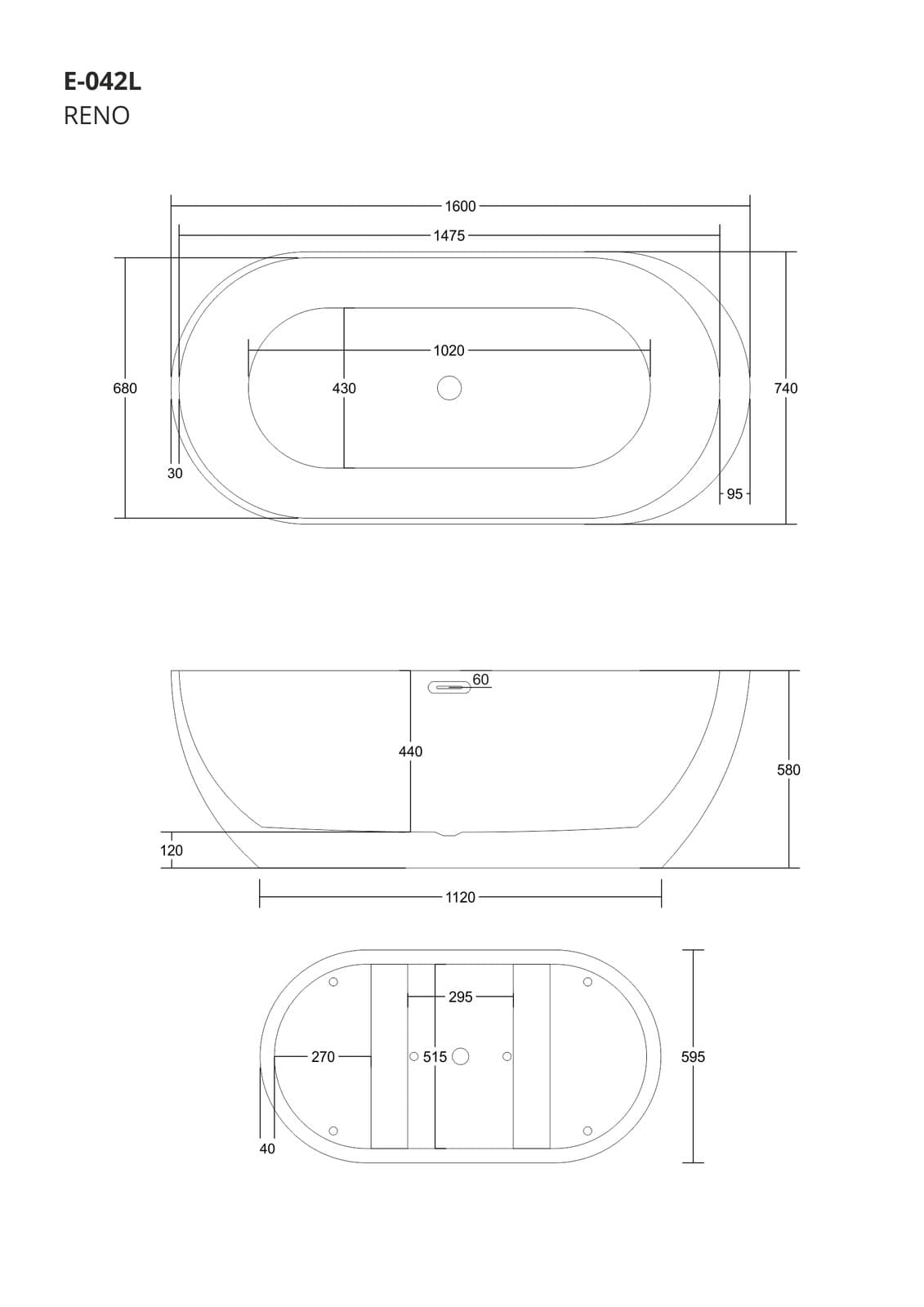 Wanna wolnostojąca Corsan RENO 160 x 74 cm z boczną półką Korek klik-klak Szczotkowane Złoto