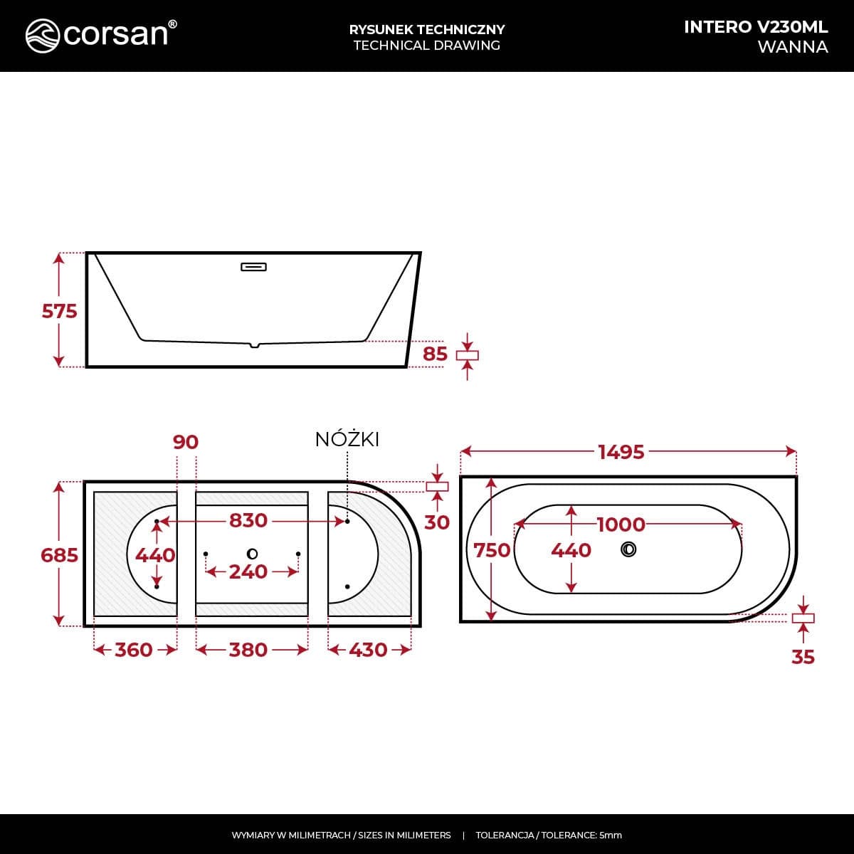 Wanna wolnostojąca narożna Corsan INTERO 150 x 74 z szeroką krawędzią Montaż lewostronny Korek klik-klak Chrom