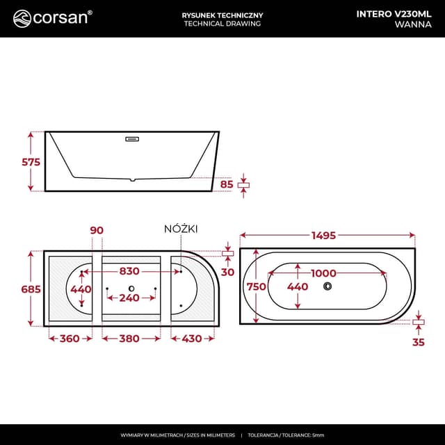 Wanna wolnostojąca narożna Corsan INTERO 150 x 74 z szeroką krawędzią Montaż lewostronny Korek klik-klak Chrom