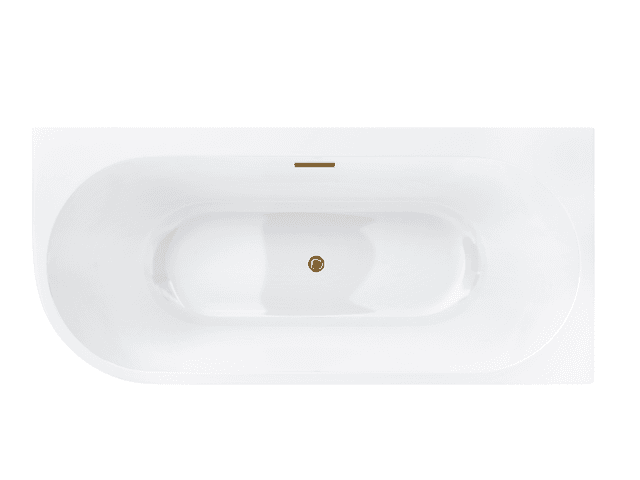 Wanna wolnostojąca narożna Corsan INTERO 150 x 74 z szeroką krawędzią Montaż prawostronny Korek klik-klak Złoty