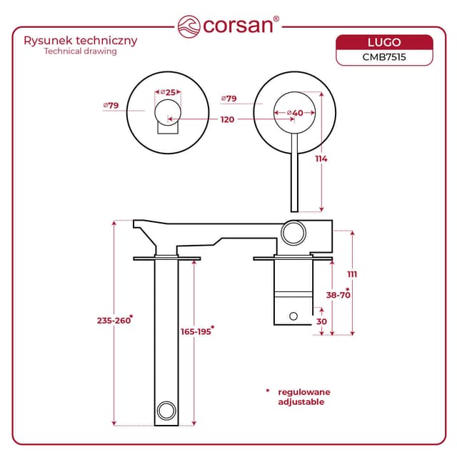 Bateria umywalkowa podtynkowa LUGO CMB7515BGL z wylewką Złoto Szczotkowane