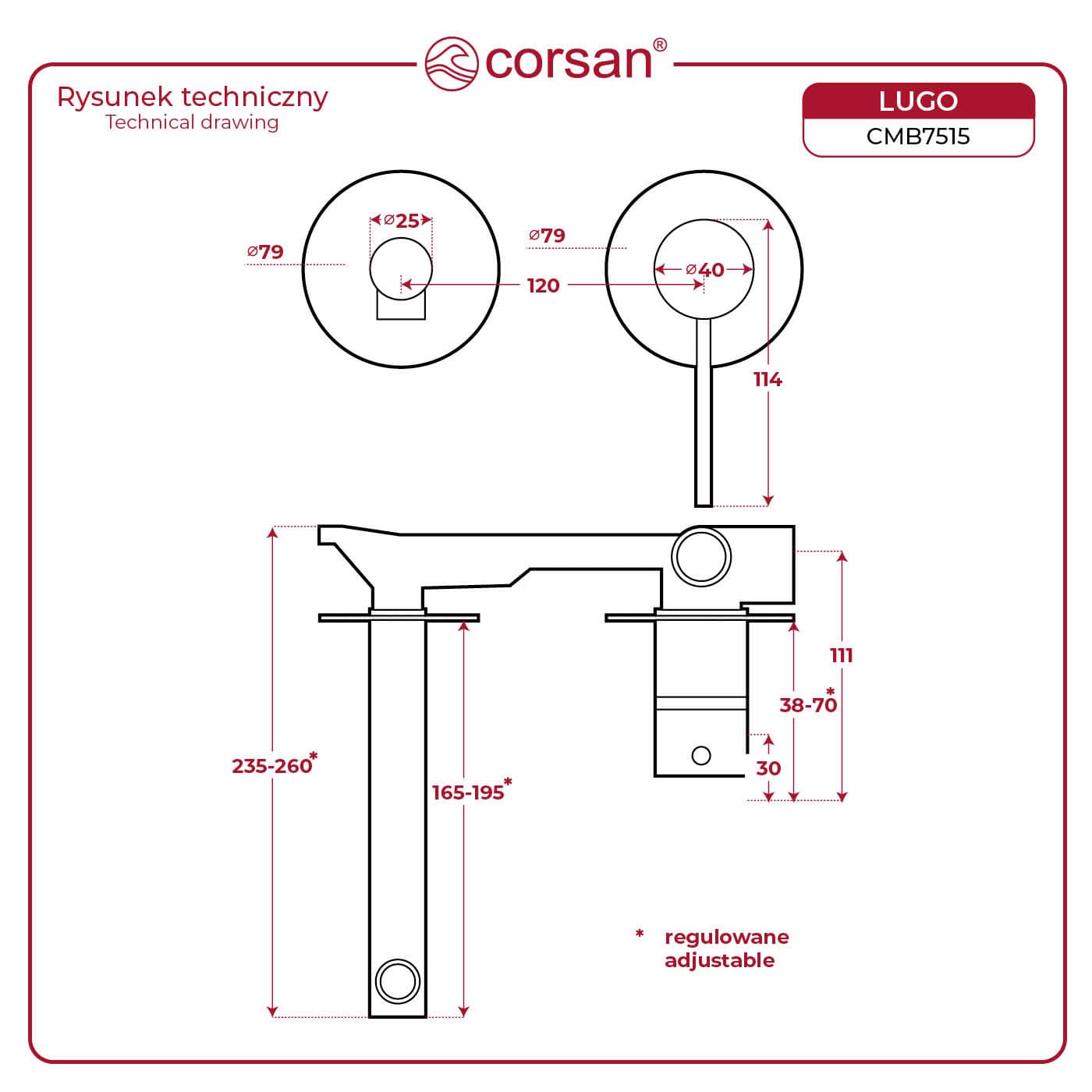 Bateria umywalkowa podtynkowa LUGO CMB7515GM z wylewką Gunmetal