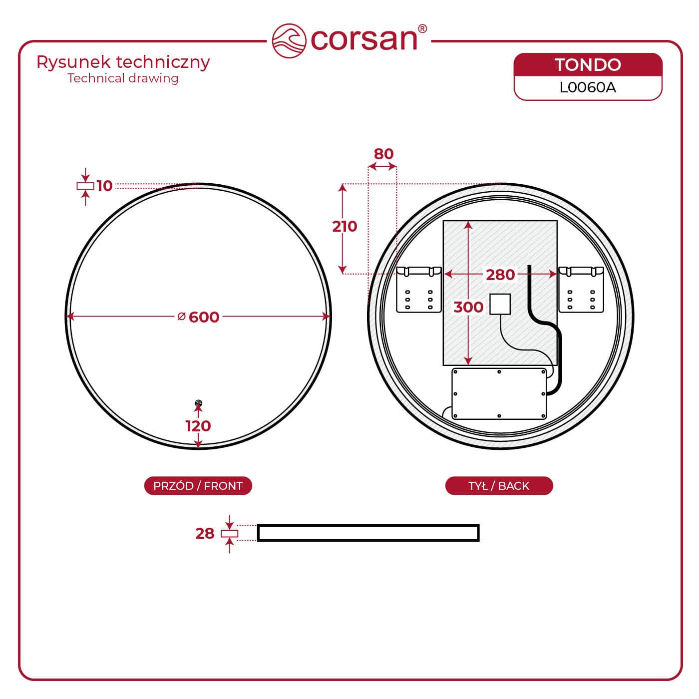 TONDO Lustro ze zmienną barwą LED okrągłe 600 mm, włącznik dotykowy i mata grzewcza, w ramie akrylowej