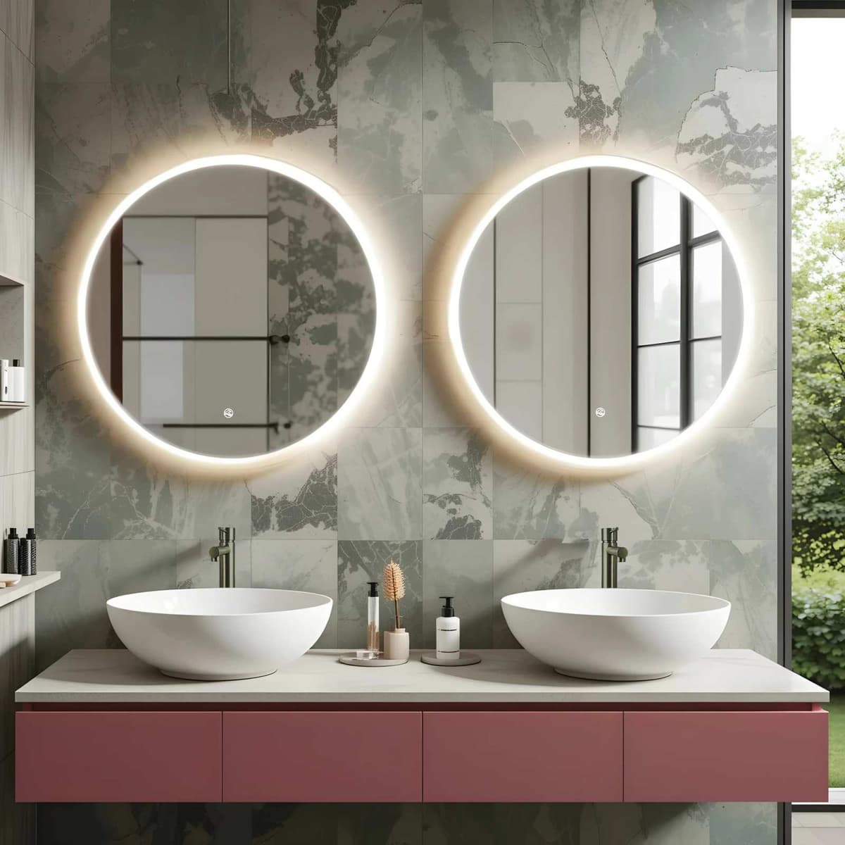 TONDO Lustro ze zmienną barwą LED okrągłe 700 mm, włącznik dotykowy i mata grzewcza, w ramie akrylowej