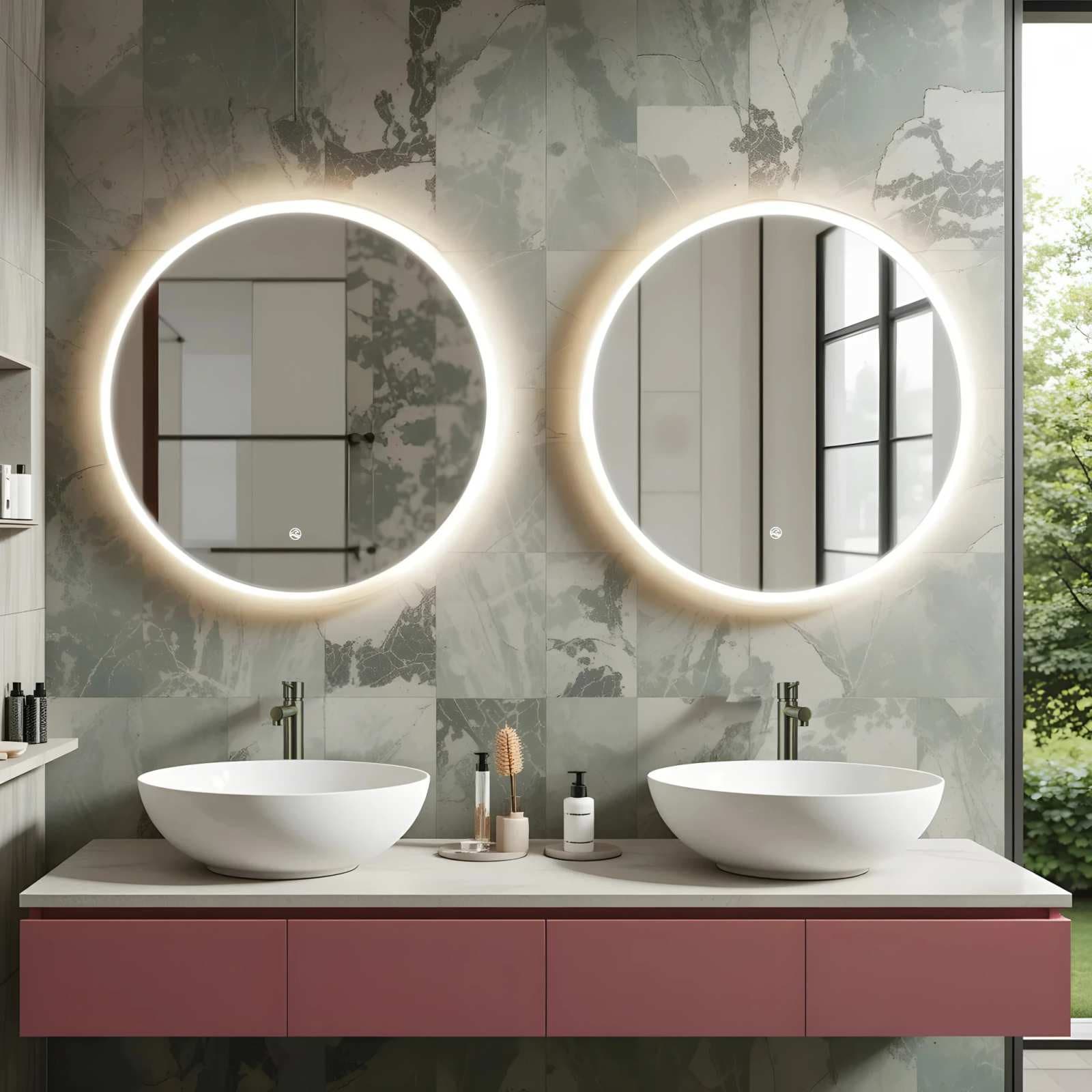 TONDO Lustro ze zmienną barwą LED okrągłe 700 mm, włącznik dotykowy i mata grzewcza, w ramie akrylowej