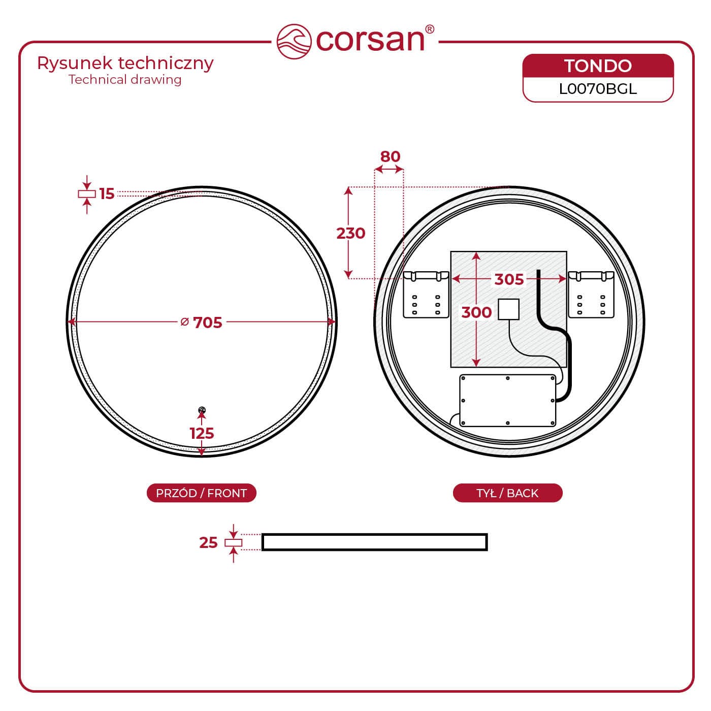 TONDO Lustro ze zmienną barwą LED okrągłe 700 mm, włącznik dotykowy i mata grzewcza, w ramie Złoto Szczotkowane