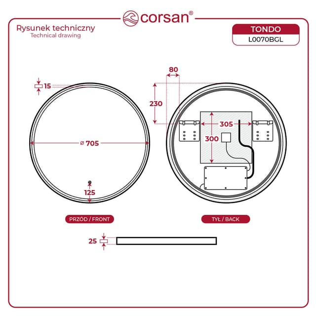TONDO Lustro ze zmienną barwą LED okrągłe 700 mm, włącznik dotykowy i mata grzewcza, w ramie Złoto Szczotkowane