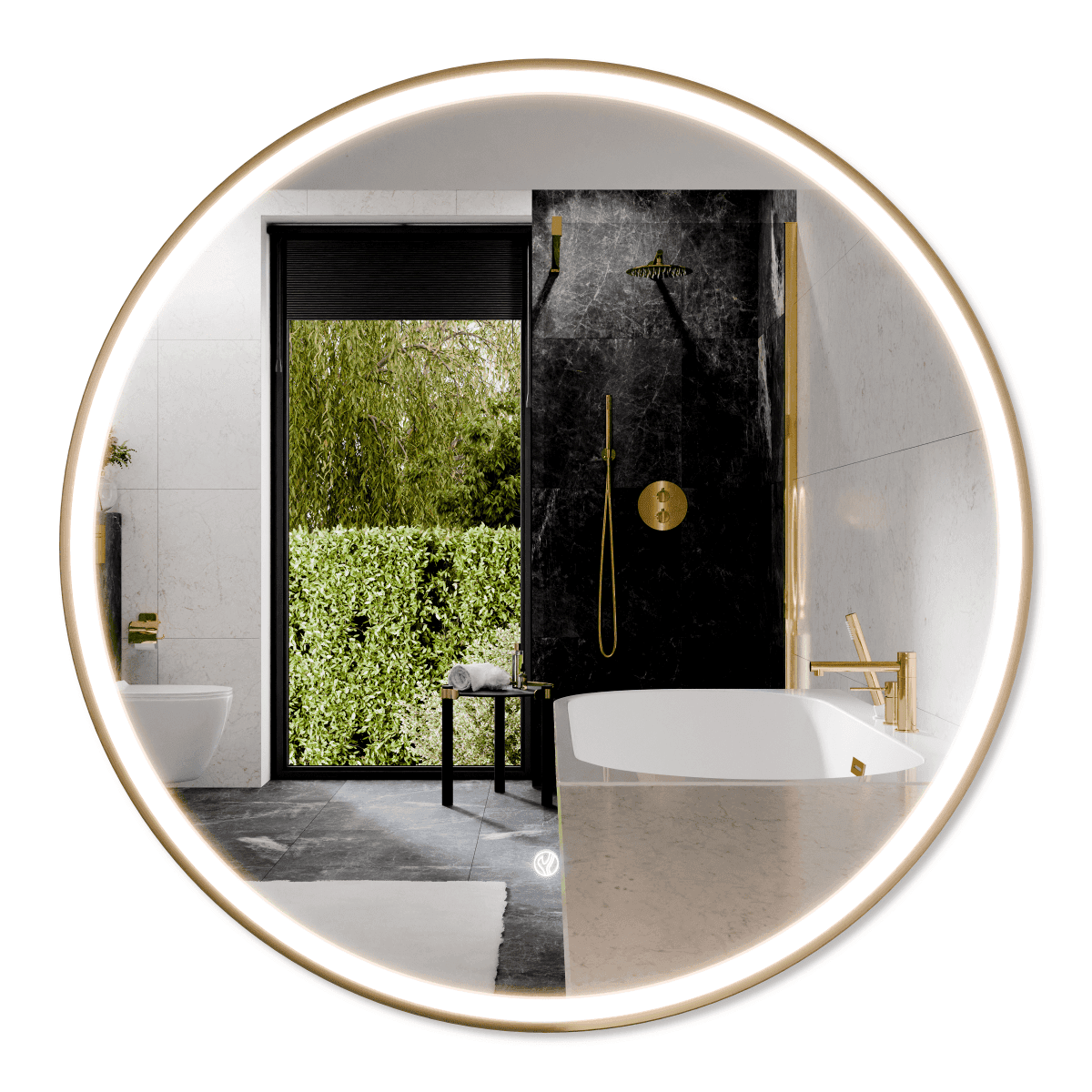 TONDO Lustro ze zmienną barwą LED okrągłe 700 mm, włącznik dotykowy i mata grzewcza, w ramie Złoto Szczotkowane