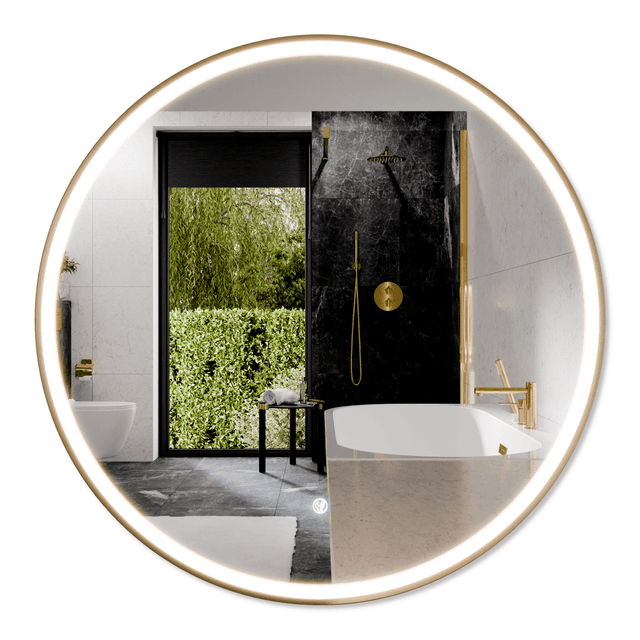 TONDO Lustro ze zmienną barwą LED okrągłe 700 mm, włącznik dotykowy i mata grzewcza, w ramie Złoto Szczotkowane