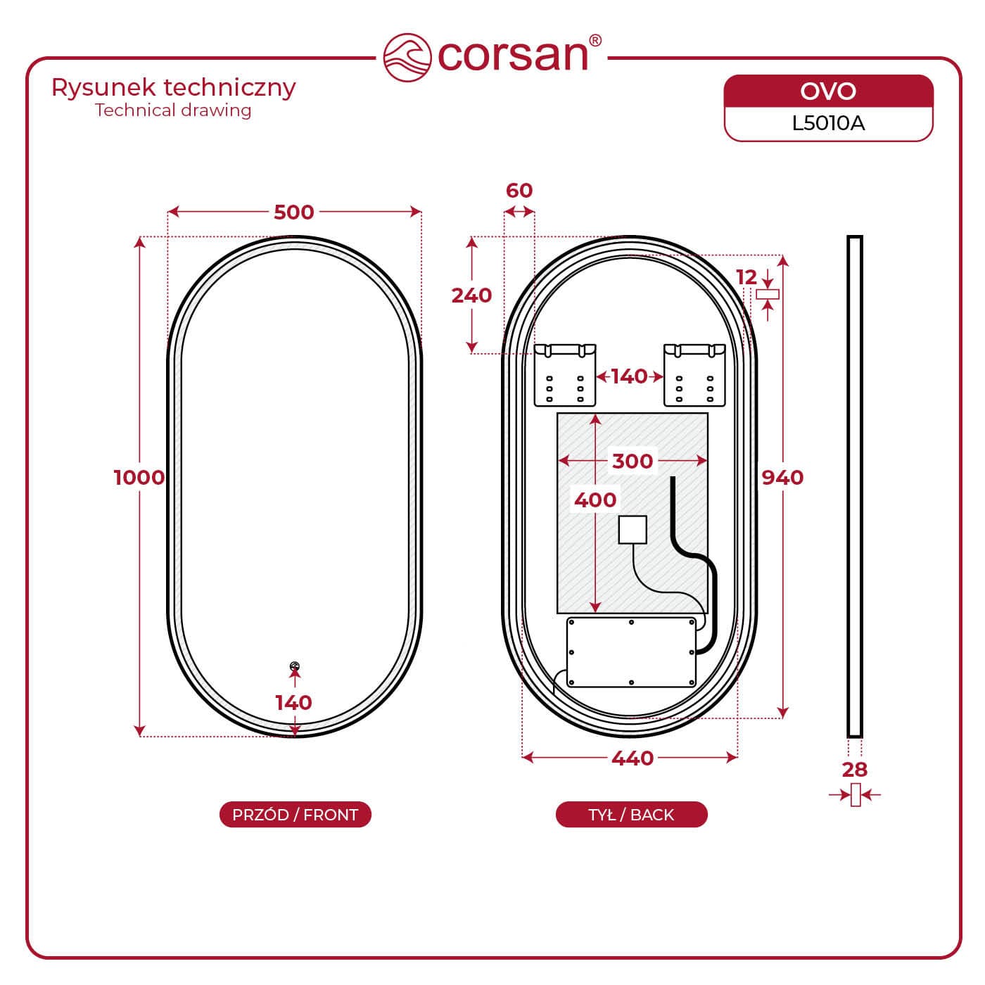 OVO Lustro ze zmienną barwą LED 500x1000 mm, włącznik dotykowy i mata grzewcza, w ramie akrylowej