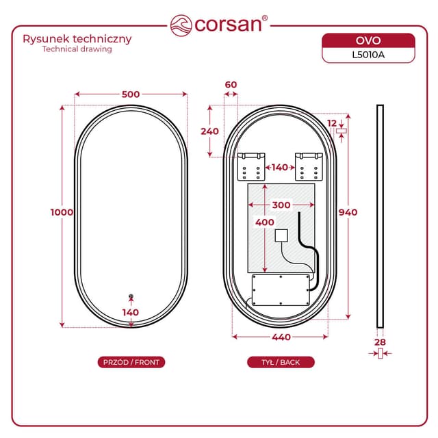 OVO Lustro ze zmienną barwą LED 500x1000 mm, włącznik dotykowy i mata grzewcza, w ramie akrylowej