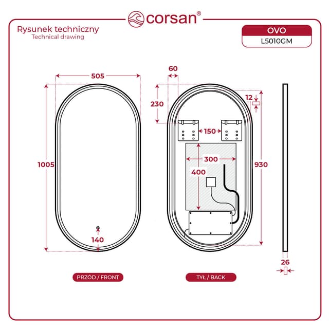 OVO Lustro ze zmienną barwą LED 500x1000 mm, włącznik dotykowy i mata grzewcza, w ramie GunMetal