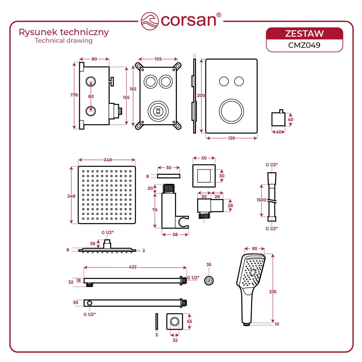 Zestaw prysznicowy Corsan CMZ049CH chrom z deszczownicą i głowicą termostatyczną