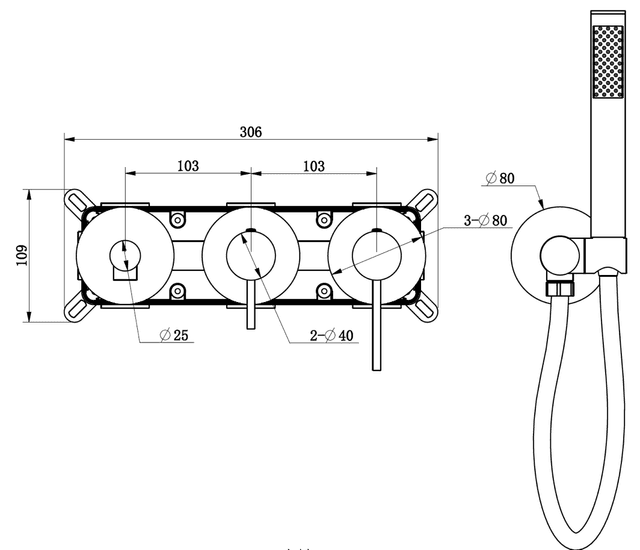 Bateria wannowa ścienna LUGO CMB7554GM z zestawem natryskowym Gunmetal