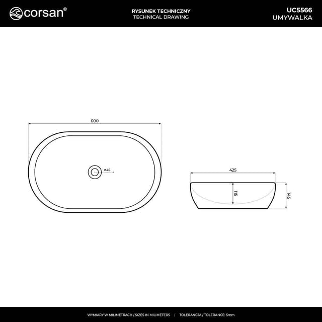Umywalka nablatowa OLVENA UC5566WH 600x425x145mm Owalna Biały korek
