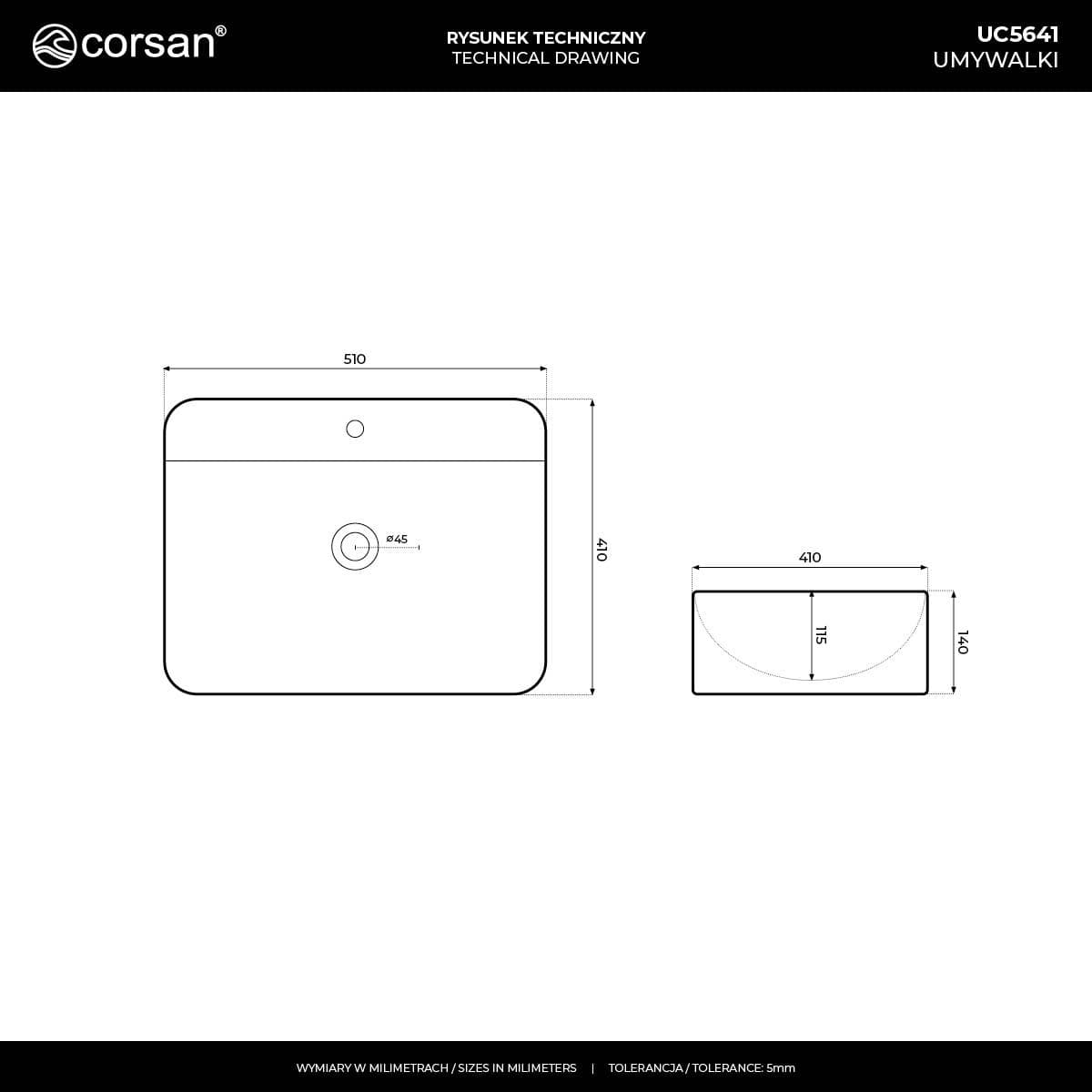 Umywalka nablatowa ANGO UC5641WH prostokątna 500x400x140 mm z korkiem białym