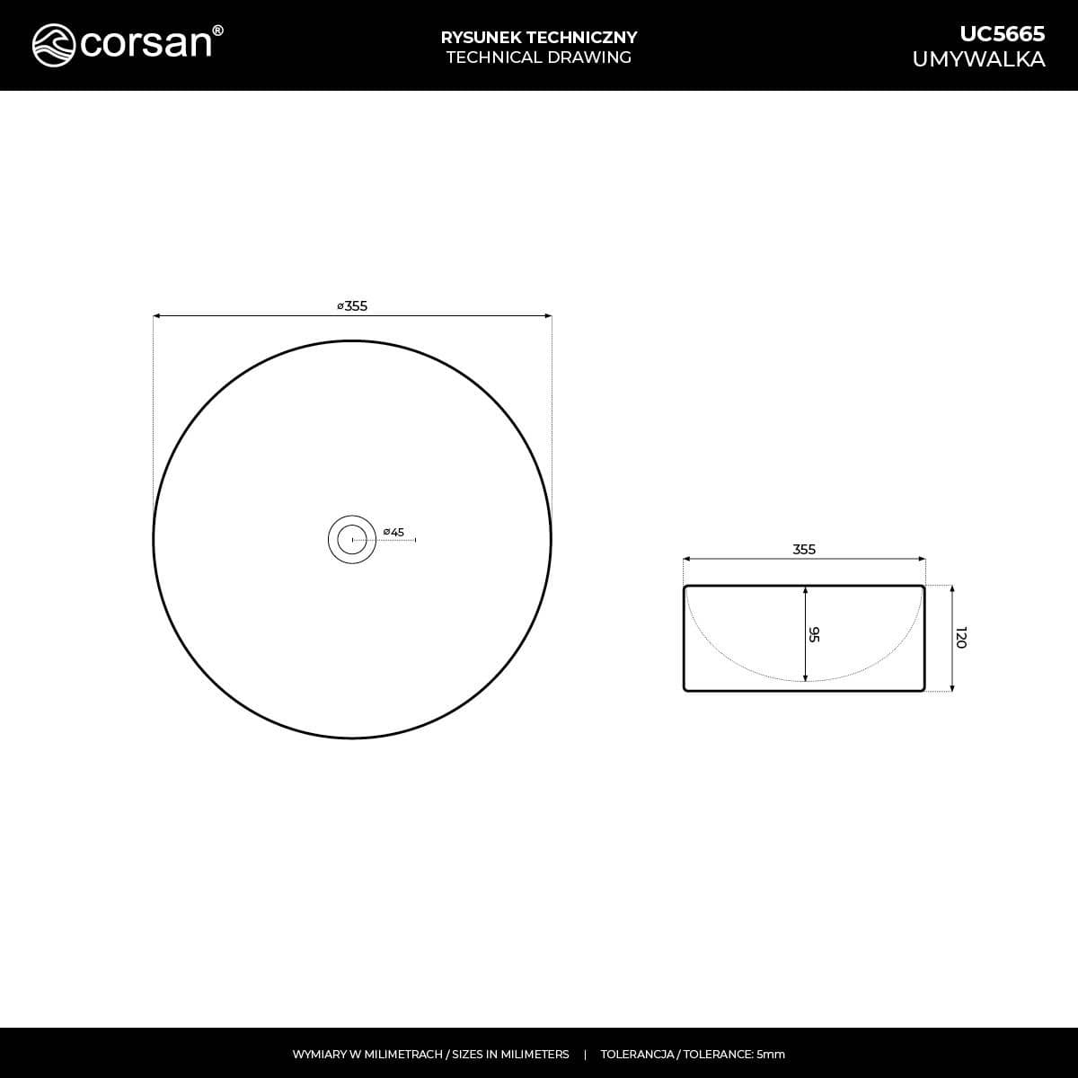 Umywalka nablatowa LUGO UC5665WH okrągła 360x120 mm z korkiem białym