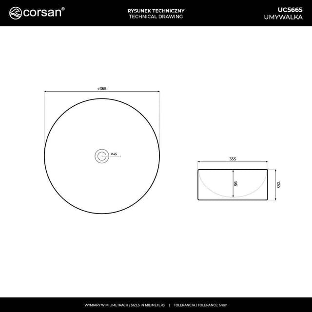 Umywalka nablatowa LUGO UC5665GL okrągła 360x120 mm z korkiem złotym