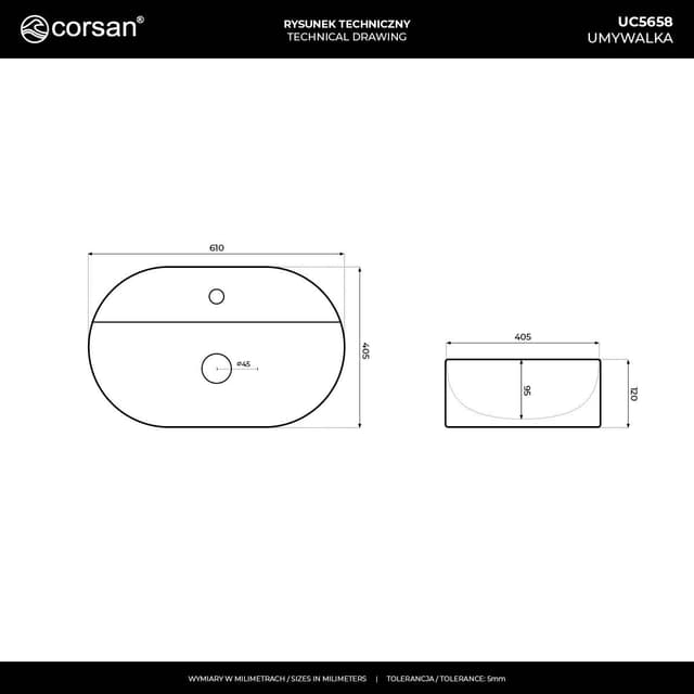 Umywalka nablatowa OLVENA UC5658WH 600x400x120mm Otwór na baterię Biały korek